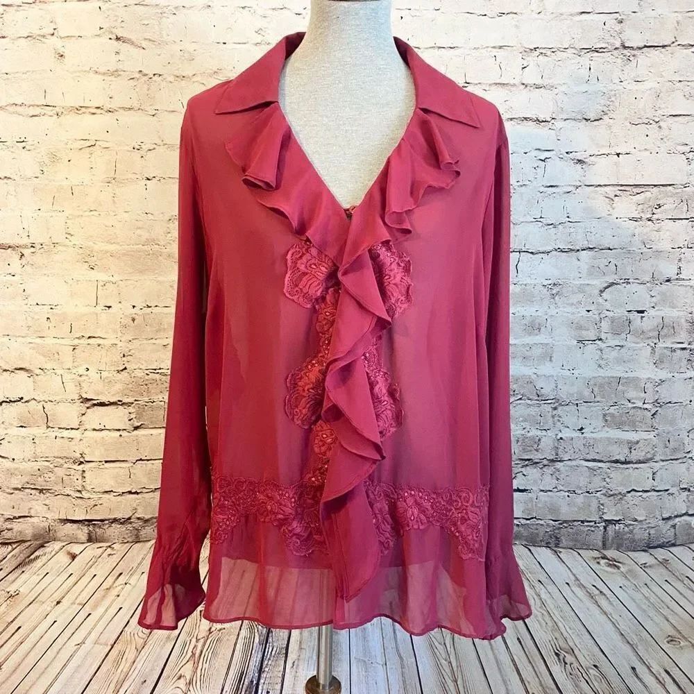 Lane Bryant Red Sheer Blouse Long Sleeve Ruffle Button Down Loose Fit 14/16 FLAW